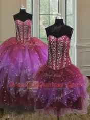 Three Piece Multi-color Tulle Lace Up Sweetheart Sleeveless Floor Length Ball Gown Prom Dress Beading