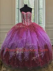 Three Piece Multi-color Tulle Lace Up Sweetheart Sleeveless Floor Length Ball Gown Prom Dress Beading