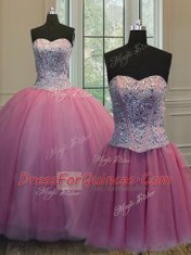 Wonderful Three Piece Rose Pink Sweetheart Neckline Beading Quince Ball Gowns Sleeveless Lace Up
