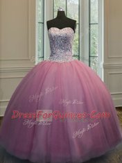 Wonderful Three Piece Rose Pink Sweetheart Neckline Beading Quince Ball Gowns Sleeveless Lace Up