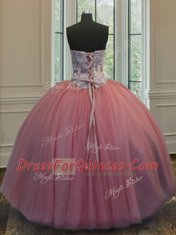 Wonderful Three Piece Rose Pink Sweetheart Neckline Beading Quince Ball Gowns Sleeveless Lace Up