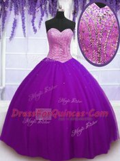 Sleeveless Tulle Floor Length Lace Up Quince Ball Gowns in Eggplant Purple with Beading