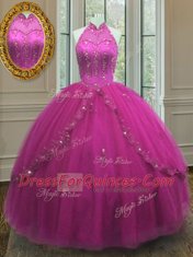 Fashion Fuchsia Sleeveless Beading and Appliques Floor Length Sweet 16 Dress
