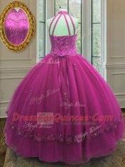 Fashion Fuchsia Sleeveless Beading and Appliques Floor Length Sweet 16 Dress