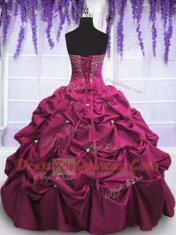 Graceful Sleeveless Taffeta Floor Length Lace Up Vestidos de Quinceanera in Fuchsia with Beading and Appliques and Pick Ups