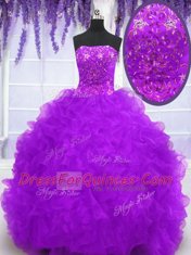 Eggplant Purple Organza Lace Up Strapless Sleeveless With Train Sweet 16 Dresses Brush Train Beading and Appliques and Ruffles