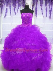 Eggplant Purple Organza Lace Up Strapless Sleeveless With Train Sweet 16 Dresses Brush Train Beading and Appliques and Ruffles