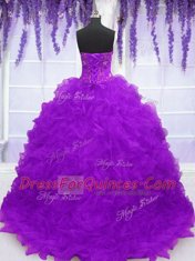Eggplant Purple Organza Lace Up Strapless Sleeveless With Train Sweet 16 Dresses Brush Train Beading and Appliques and Ruffles