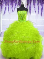 Yellow Green Column/Sheath Organza Strapless Sleeveless Beading and Appliques and Ruffles With Train Lace Up Sweet 16 Dresses Brush Train