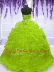 Yellow Green Column/Sheath Organza Strapless Sleeveless Beading and Appliques and Ruffles With Train Lace Up Sweet 16 Dresses Brush Train