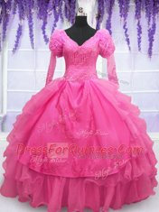Popular Hot Pink Lace Up Quinceanera Dress Beading and Embroidery and Hand Made Flower Long Sleeves Floor Length