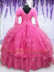 Popular Hot Pink Lace Up Quinceanera Dress Beading and Embroidery and Hand Made Flower Long Sleeves Floor Length