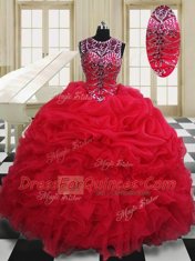 Customized Scoop Red Lace Up Quince Ball Gowns Beading and Pick Ups Sleeveless Floor Length