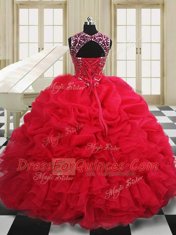 Customized Scoop Red Lace Up Quince Ball Gowns Beading and Pick Ups Sleeveless Floor Length