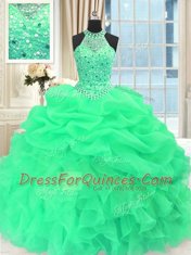 Edgy Scoop Floor Length 15th Birthday Dress Organza Sleeveless Beading and Pick Ups