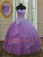 Beading and Ruching and Bowknot Sweet 16 Dresses Lilac Lace Up Sleeveless Floor Length