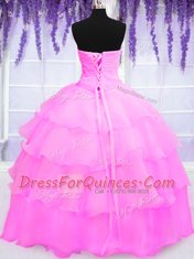 Organza Sweetheart Sleeveless Lace Up Beading and Ruffled Layers 15th Birthday Dress in Hot Pink