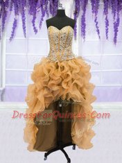 Traditional Four Piece Gold Ball Gowns Organza Sweetheart Sleeveless Beading and Ruffles Floor Length Lace Up Sweet 16 Dress