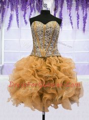 Traditional Four Piece Gold Ball Gowns Organza Sweetheart Sleeveless Beading and Ruffles Floor Length Lace Up Sweet 16 Dress