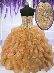 Traditional Four Piece Gold Ball Gowns Organza Sweetheart Sleeveless Beading and Ruffles Floor Length Lace Up Sweet 16 Dress