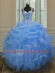 Simple Straps Sleeveless Sweet 16 Quinceanera Dress Floor Length Beading and Ruffles Blue Organza