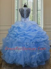 Simple Straps Sleeveless Sweet 16 Quinceanera Dress Floor Length Beading and Ruffles Blue Organza