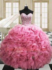 Rose Pink Sleeveless Beading and Ruffles Floor Length Quinceanera Gown