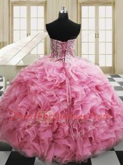 Rose Pink Sleeveless Beading and Ruffles Floor Length Quinceanera Gown