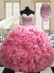 Rose Pink Sleeveless Beading and Ruffles Floor Length Quinceanera Gown