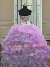 Lovely Floor Length Lilac Sweet 16 Dresses Organza Sleeveless Beading and Ruffles