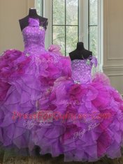 Perfect Sleeveless Organza Floor Length Lace Up Sweet 16 Dresses in Multi-color with Beading and Ruffles