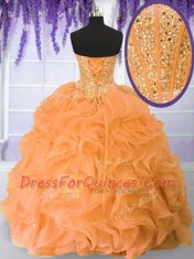 Orange Lace Up Quince Ball Gowns Beading and Ruffles Sleeveless Floor Length