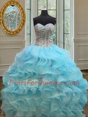 Baby Blue Sweetheart Neckline Beading and Ruffles Quinceanera Gown Sleeveless Lace Up