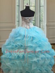 Baby Blue Sweetheart Neckline Beading and Ruffles Quinceanera Gown Sleeveless Lace Up