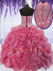 Pink Lace Up Sweetheart Beading and Ruffles Sweet 16 Quinceanera Dress Organza Sleeveless