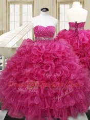 Pretty Floor Length Lace Up Ball Gown Prom Dress Hot Pink for Military Ball and Sweet 16 and Quinceanera with Beading and Ruffles