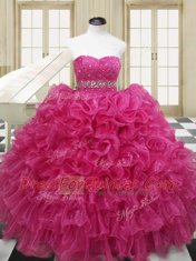 Pretty Floor Length Lace Up Ball Gown Prom Dress Hot Pink for Military Ball and Sweet 16 and Quinceanera with Beading and Ruffles