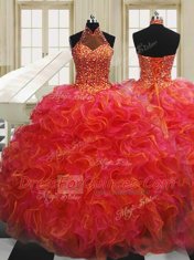 Multi-color Organza Lace Up Halter Top Sleeveless Floor Length Quinceanera Dress Beading and Ruffles