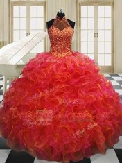 Multi-color Organza Lace Up Halter Top Sleeveless Floor Length Quinceanera Dress Beading and Ruffles