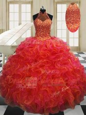 Multi-color Organza Lace Up Halter Top Sleeveless Floor Length Quinceanera Dress Beading and Ruffles