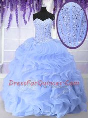 Extravagant Light Blue Sleeveless Floor Length Beading and Ruffles Lace Up Sweet 16 Dresses