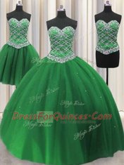 Attractive Three Piece Green Tulle Lace Up Sweet 16 Dresses Sleeveless Floor Length Beading and Sequins