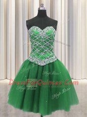 Attractive Three Piece Green Tulle Lace Up Sweet 16 Dresses Sleeveless Floor Length Beading and Sequins