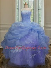 Blue Organza Lace Up Sweet 16 Dress Sleeveless Floor Length Embroidery and Pick Ups