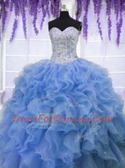 Dazzling Blue Organza Lace Up Sweetheart Sleeveless Floor Length Sweet 16 Dress Beading and Ruffles