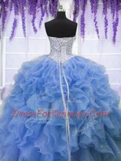 Dazzling Blue Organza Lace Up Sweetheart Sleeveless Floor Length Sweet 16 Dress Beading and Ruffles