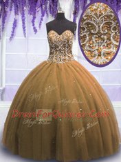 New Arrival Sleeveless Tulle Floor Length Lace Up Sweet 16 Dress in Brown with Beading