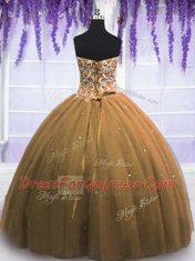 New Arrival Sleeveless Tulle Floor Length Lace Up Sweet 16 Dress in Brown with Beading