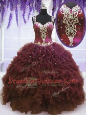 Romantic Straps Burgundy Zipper Vestidos de Quinceanera Beading and Ruffles Sleeveless Floor Length