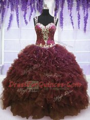 Romantic Straps Burgundy Zipper Vestidos de Quinceanera Beading and Ruffles Sleeveless Floor Length